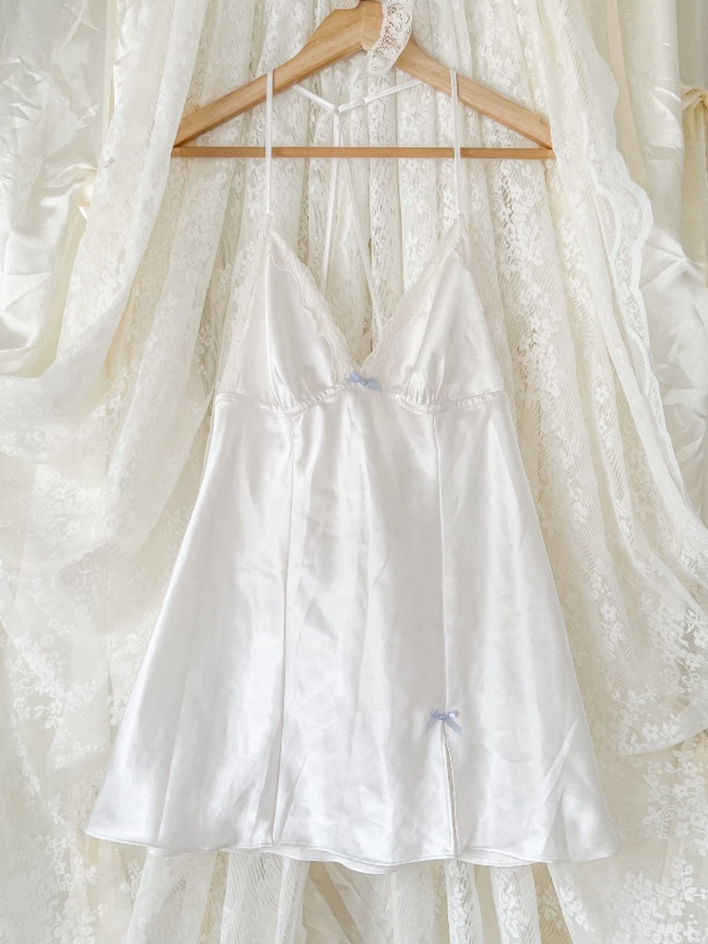 Linea Donatella White Satin Lace Trim Chemise Slip Dress